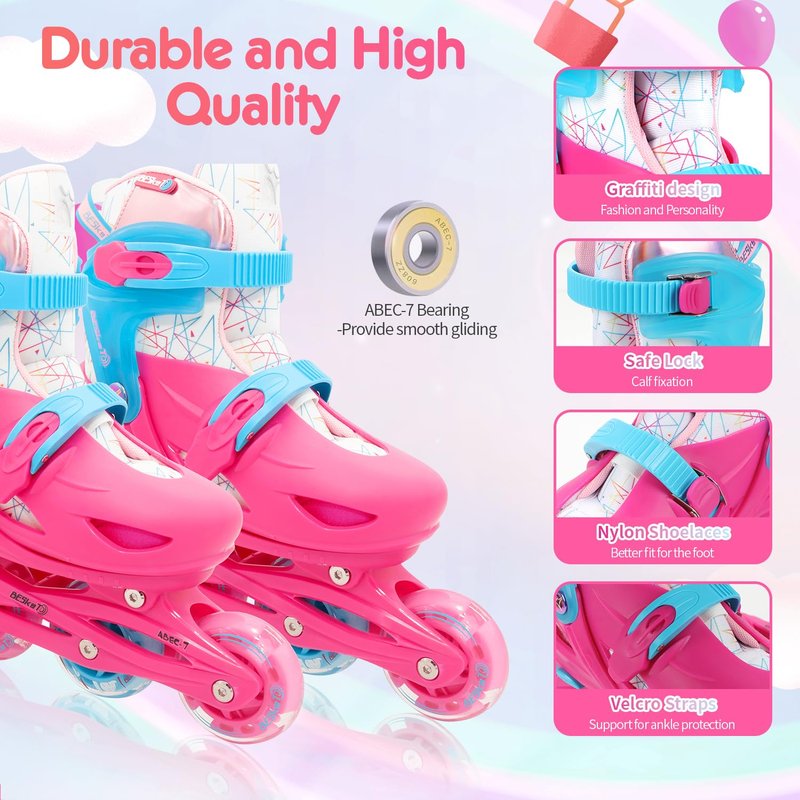 Besketo Light up Inline Skates for Girls, 4 Size Adjustable Roller Shoes with Full Illuminating Wheels for Kids, Hard Shell Roller Skates for Beginner Children Youth & Adult Women - S J9-J12 US