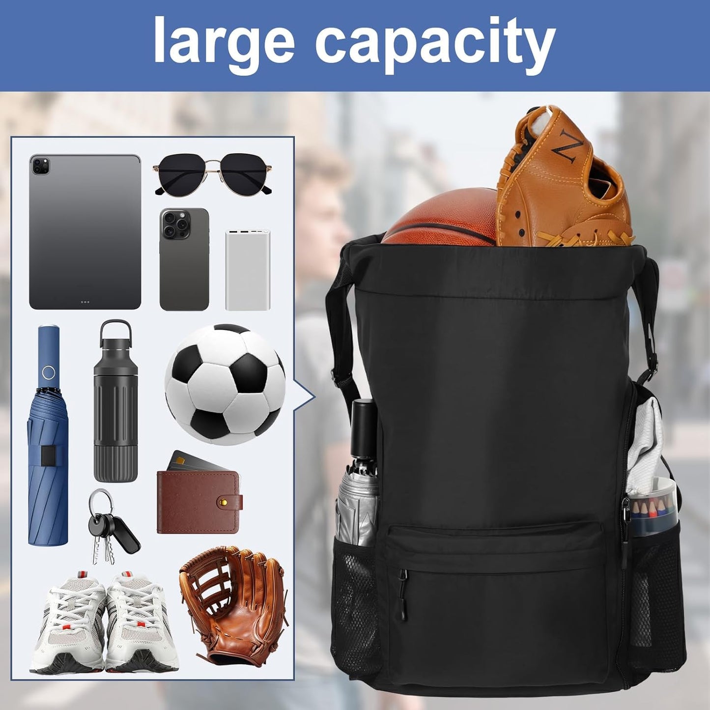 Skiennix Black Basketball Drawstring Backpack - X-Large Waterproof Gym Bag | Sports Bag with Mesh Pocket for Men & Women