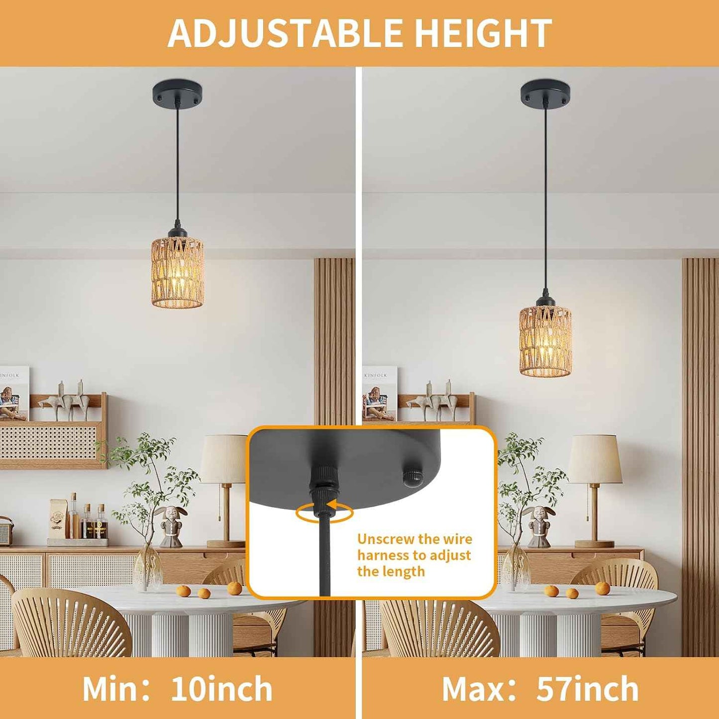 Rattan Chandelier Pendant Lights - 3 Pack Adjustable Height Boho Farmhouse Ceiling Fixtures for Kitchen & Dining Room