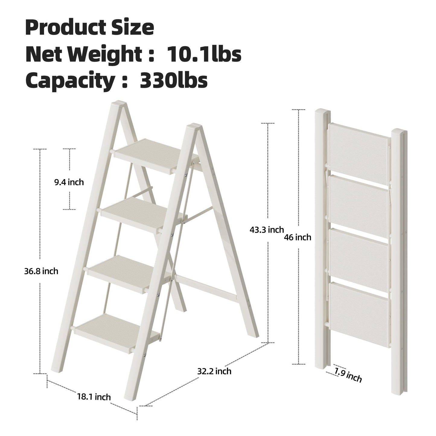 HillhutApex 4 Step Ladder, Lightweight Foldable 4 Step Stool with Anti-Slip Wide Pedal, 330lbs Capacity Aluminum Ladder for Household,Office,Garage(White)
