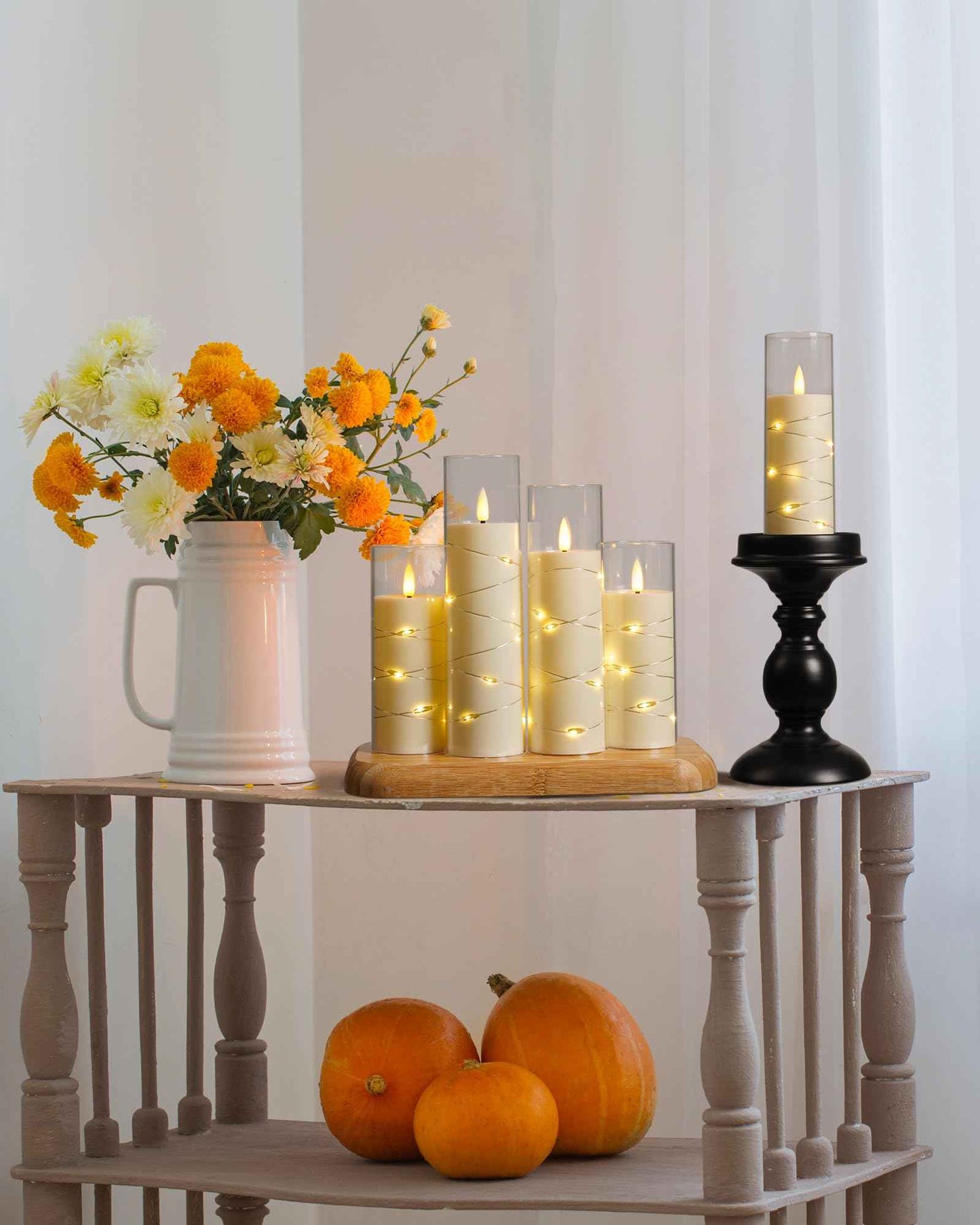 Da by Flickering Flameless Candle with Embedded Star String ，Acrylic LED Pillar Candles with 11-Key Remote Control and Timer，Battery Operated Candles, Ivory, Set of 5(D2.3×H5“/5“/ 6”/7“/8”)