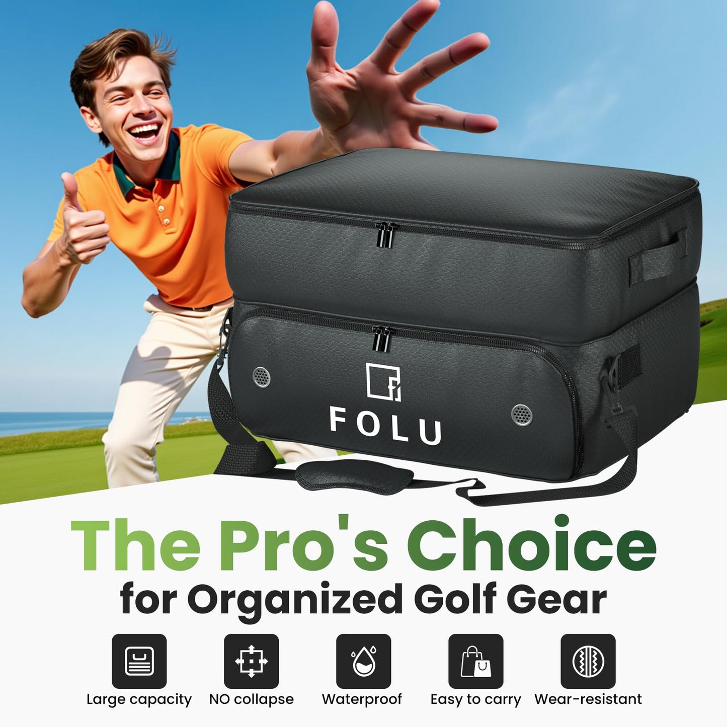 FOLU 2 Layer Golf Trunk Organizer, Waterproof Car-Golf Locker with Separate Ventilated Compartment for 2 Pair Shoes, Golf-Trunk Storage for Balls, Tees, Clothes, Gloves, Accessories