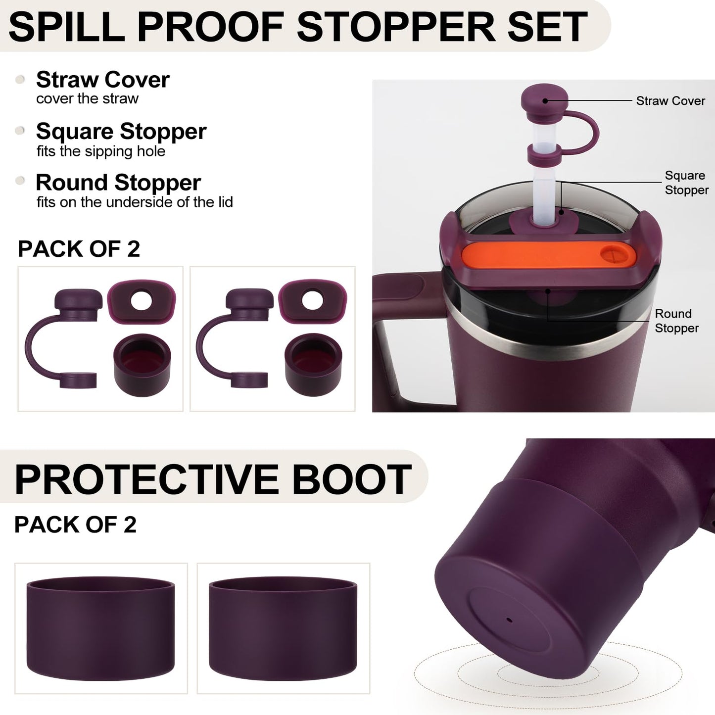 HYZ 8 Piece Accessories for Stanley Cup, Silicone Spill Proof Stopper Set and Protective Boot Including Straw Cover Cap for Stanley H2.0 20oz 30oz 40oz Tumbler, Plum