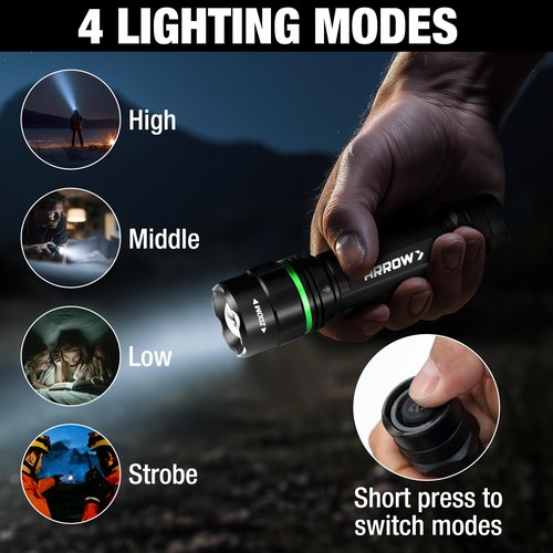 Arrow Rechargeable Flashlights 2000 Lumens, Bright LED Flashlight with High/Medium/Low/Strobe Modes, Zoomable Flash Light with 4600mAh Battery, USB-C Charging for Repair, Outdoors & Emergency