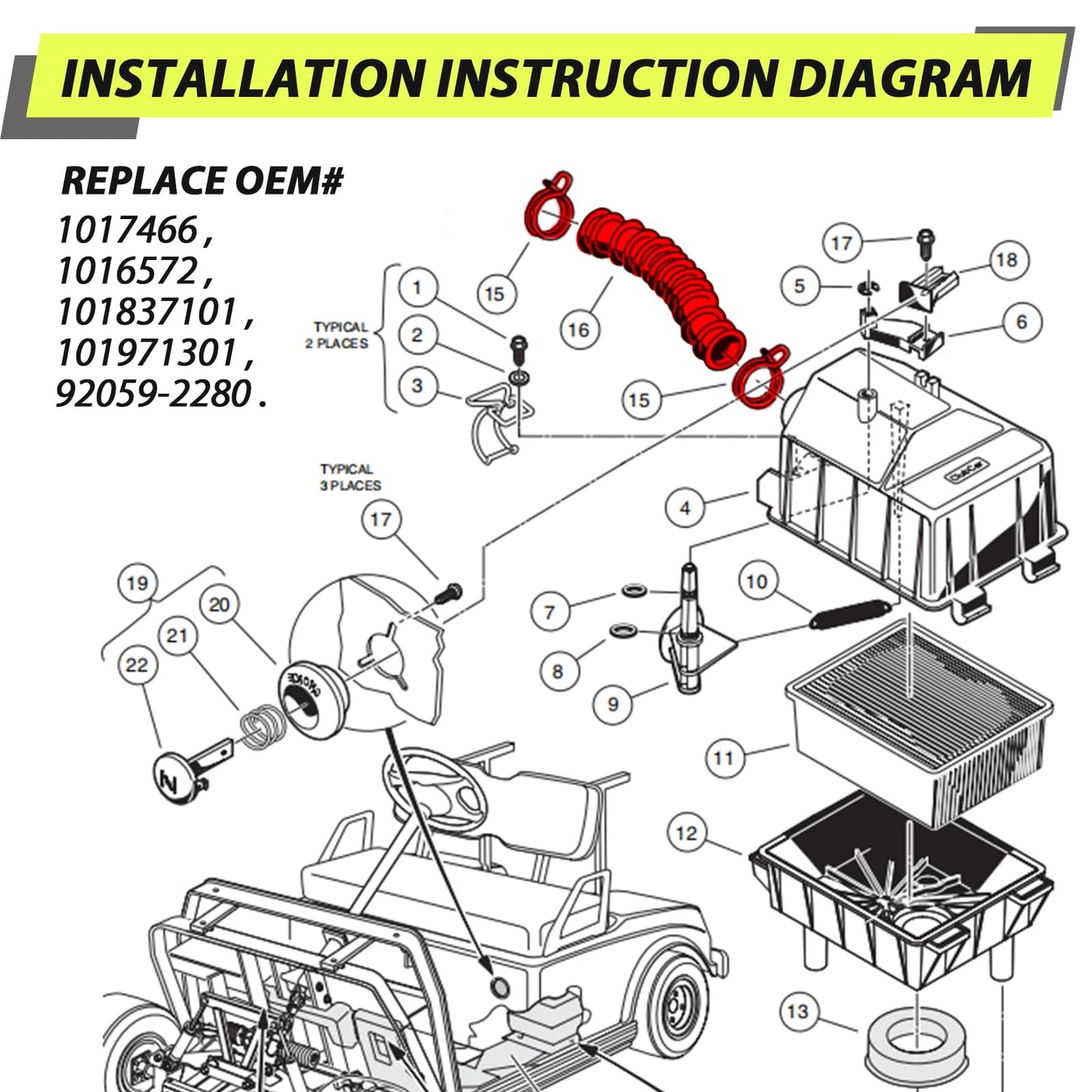 Panglong Club Car DS Gas Air Intake Hose, Suitable for 1998-UP Club Car DS Gas Golf Carts with Kawasaki Engine, OEM Reference #101837101, 101971301, 92059-2280, 1016572, 1017466