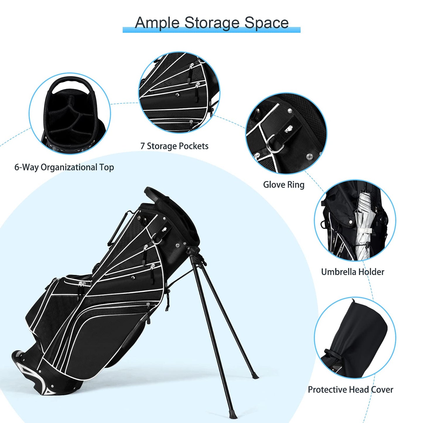 Renatone Golf Stand Bag, Lightweight Organized Golf Bag w/ 6 Way Dividers, 7 Pockets & Padded Dual Straps, Easy to Carry Golf Club Bag for Men & Woman (Black)
