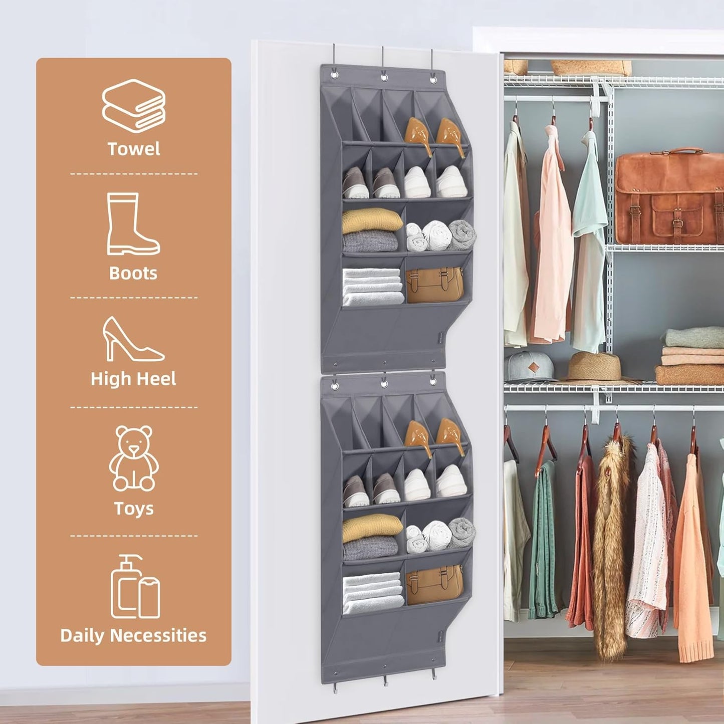 Storage Maniac Over Door Shoe Organizers - 2 Pack with 12 Large Pockets for Efficient Closet Storage | Grey