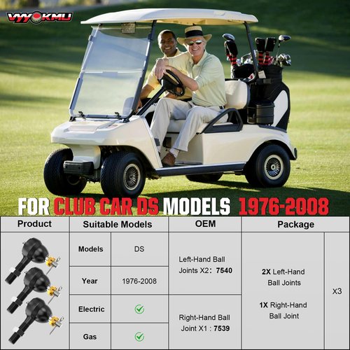 VYYOKMU Ball Joint Kit, 3PCS Golf Cart Tie Rod Ends with Grease Fitting fit for Club Car DS 1976-2008 Gas & Electric, 2*Left-Hand OEM# 7540, 1*Right-Hand OEM# 7539, Tie Rod End for Golf Cart Club Car