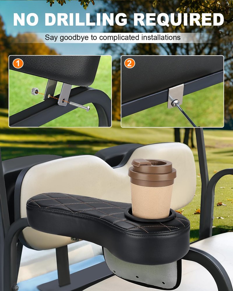 SKYJDM Golf Cart Armrest with Cup Holder & Rear Seat Organizer, No Drilling Golf Cart Diamond Arm Rest Fits 1" Square Tube Frame Compatible with EZGO Club Car Yamaha, Enhanced Storage & Comfort