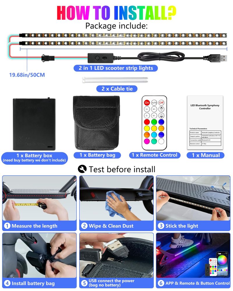 Keiurot Scooter LED Light Strips for Night Riding 5V High Bright Skateboard Lights APP Control RGBIC Waterproof Electric Scooter Accessories 2 in 1