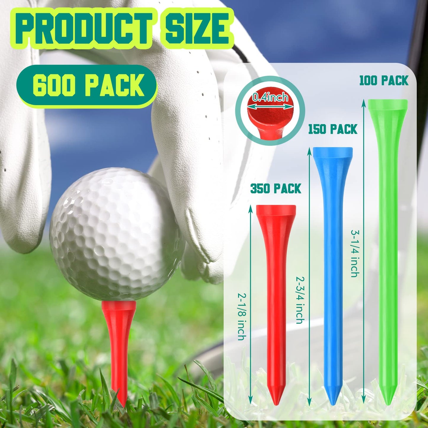 Mudder 600 Pack Golf Tees Bulk Wooden Bamboo Golf Tees Multicolor Wood for Men Balls Accessories (3-1/4,2-3/4,2-1/8 Inch,Bright Colors)