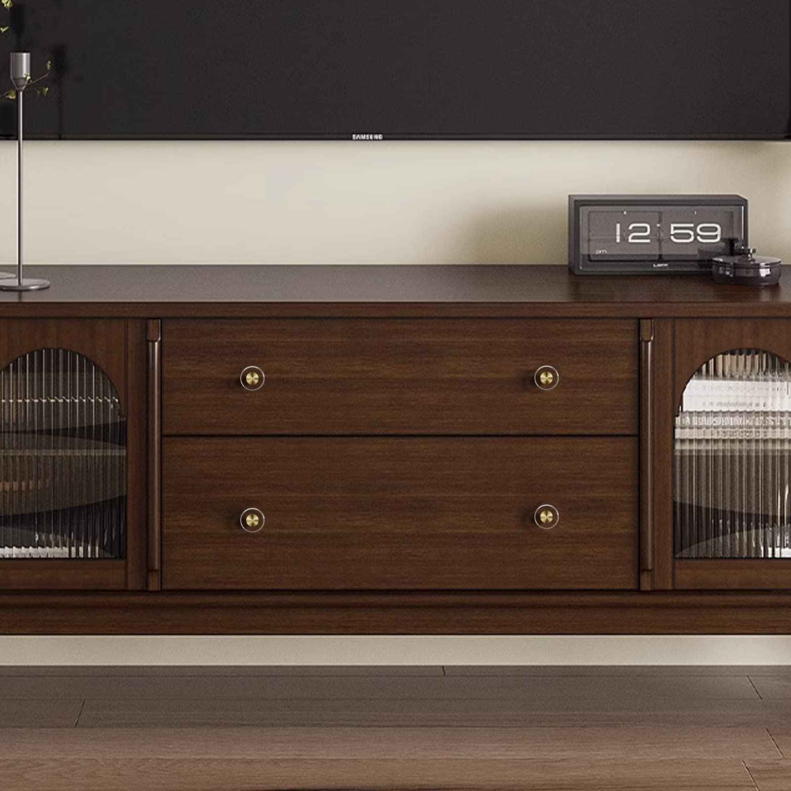 Guank 6-Pack 1-1/4-Inch White Cabinet Glass Crystal Brass knobs Brass Drawer Round Knobs Dresser Pulls, Gold Hardware Kitchen Closet knobs for Bifold Doors