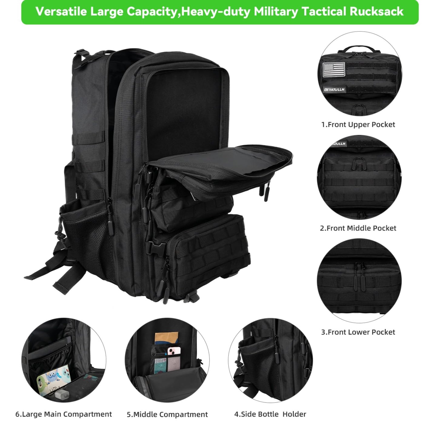 SEYATULLH Military Tactical Backpack 55L for Men & Women Bug Out Bag Assault pack Molle Daypack Hiking Trekking Rucksack (Black)