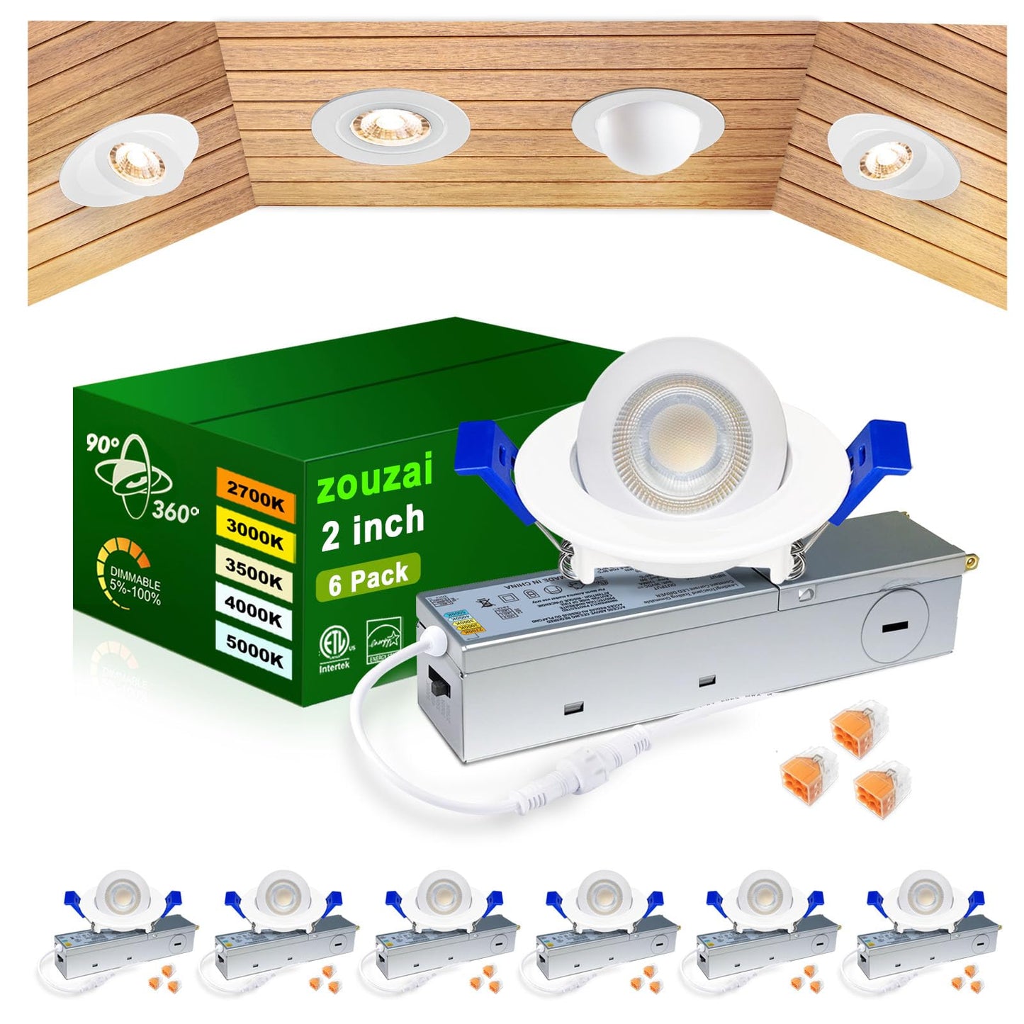 zouzai 2 Inch 5CCT Gimbal Led Recessed Lighting with Junction Box, 360°+90° Adjustable Recessed Can Lights, 2700K/3000K/3500K/4000K/5000K Selectable, 5W Eqv 50W, 550LM Brightness - ETL (White,6 Pack)