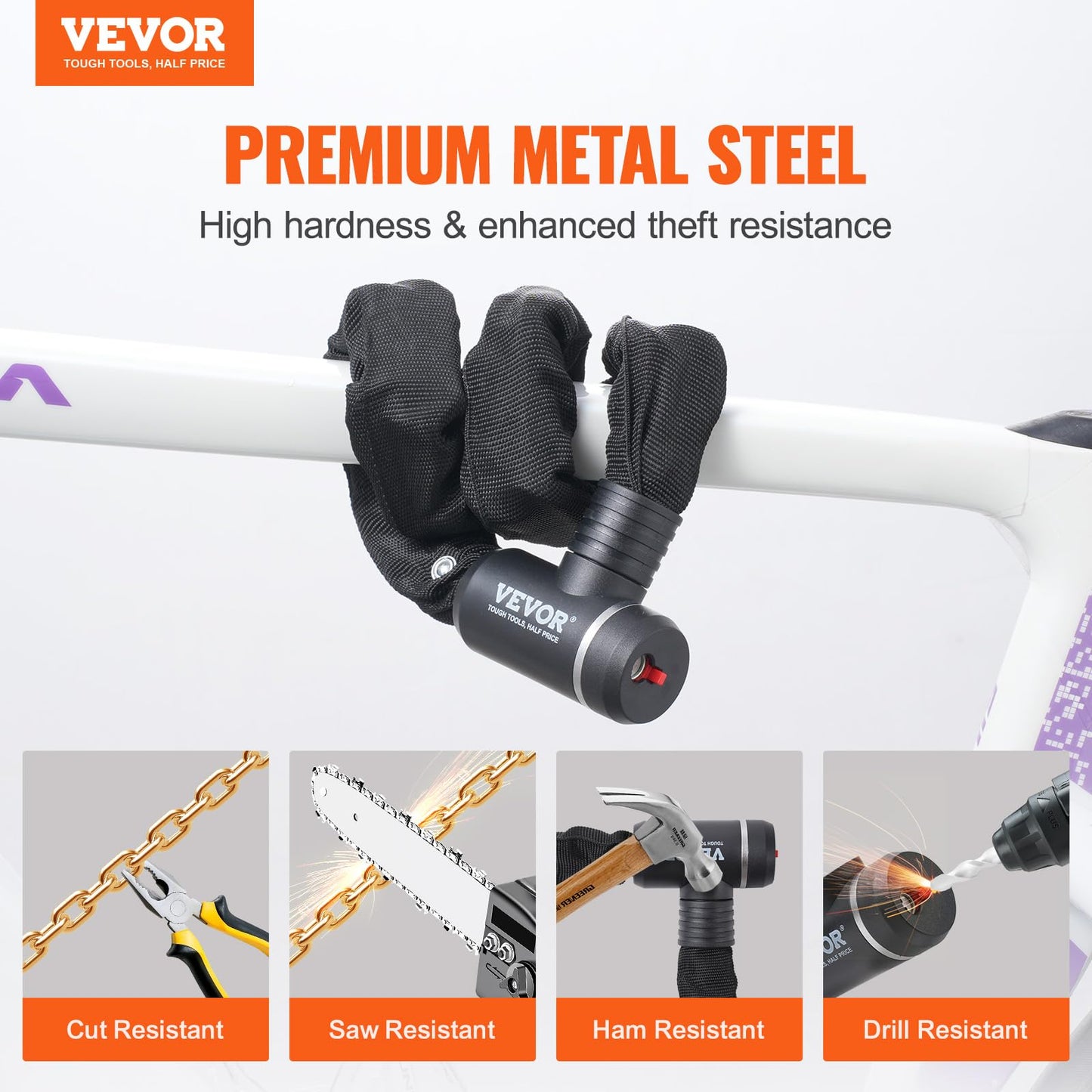 VEVOR 2.79 Ft Heavy Duty Anti-Theft Bike Chain Lock, 8mm, Black, Combination Lock, Cut Resistant, Ideal for Bicycles, Motorcycles, Gates, Fences
