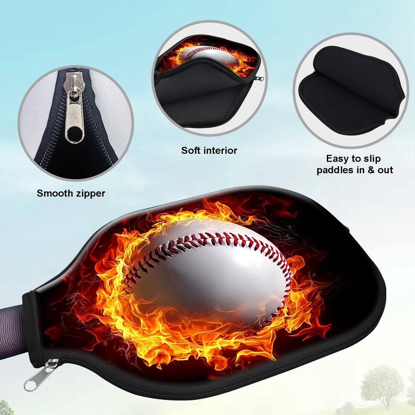 VACGBJPG for Pickleball Paddle Cover Durable Universal for Pickleball Case Protection for Your Racket Fits Most USAPA Standard Paddles for Pickle Ball Accessory,Flame Baseball