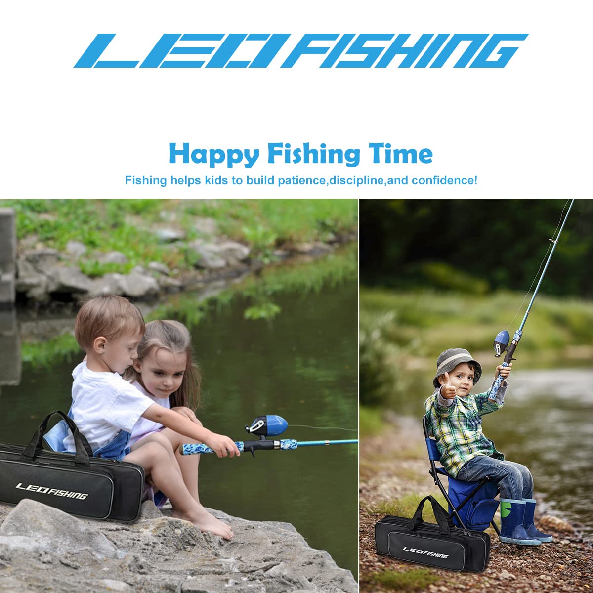 LEOFISHING Kids Fishing Pole Set with Full Starter Kits Portable Telescopic Fishing Rod and Spincast Reel with a Fishing Net and Bucket for Boys Girls and Youth (Blue)