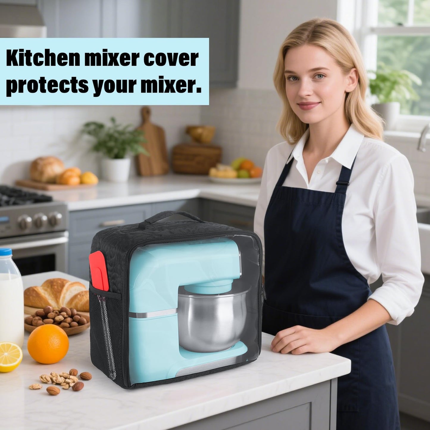 Stand Mixer Cover Compatible with Kitchen in the Box, Appliance Covers for Kitchen Counter for 3.2Quart Bowl Lift, Food Processor Cover, Zipper Pocket for Various Kitchen Appliance Accessories Black