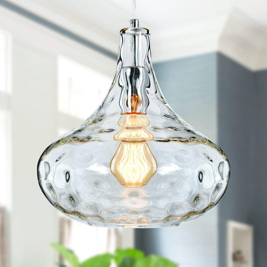 KOKAiZeeKi Farmhouse Vintage Glass Pendant Light with Handblown Hammered Shade - Adjustable Hanging Cord for Kitchen Island, Dining Room, Hallway - 11 Inch Chrome Ceiling Fixture