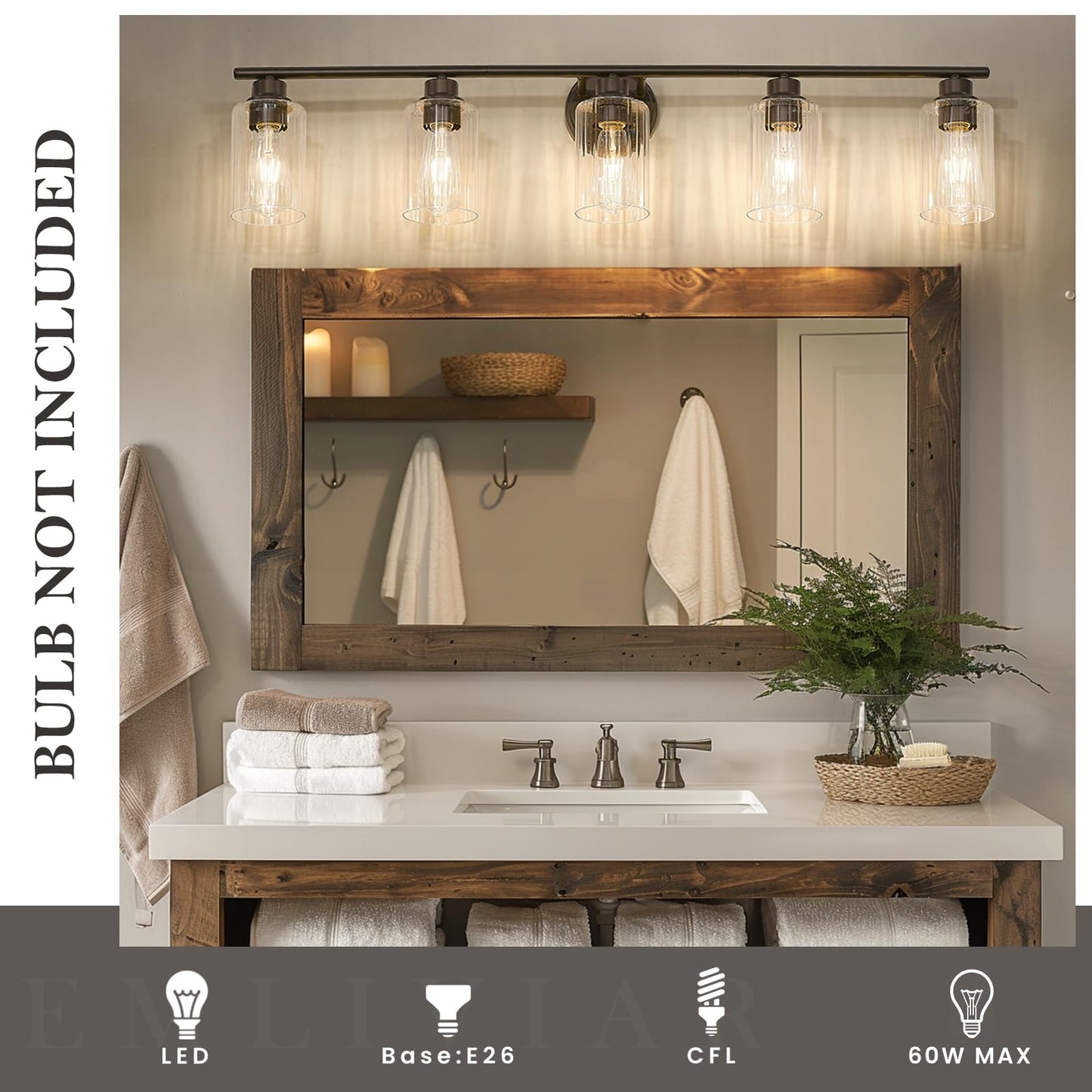 Emliviar Rustic Vanity Light Fixture with Fluted Ripple Glass, 5-Light Bathroom Lights Over Mirror 40 Inch, Oil Rubbed Bronze Finish, YE295B-5W ORB