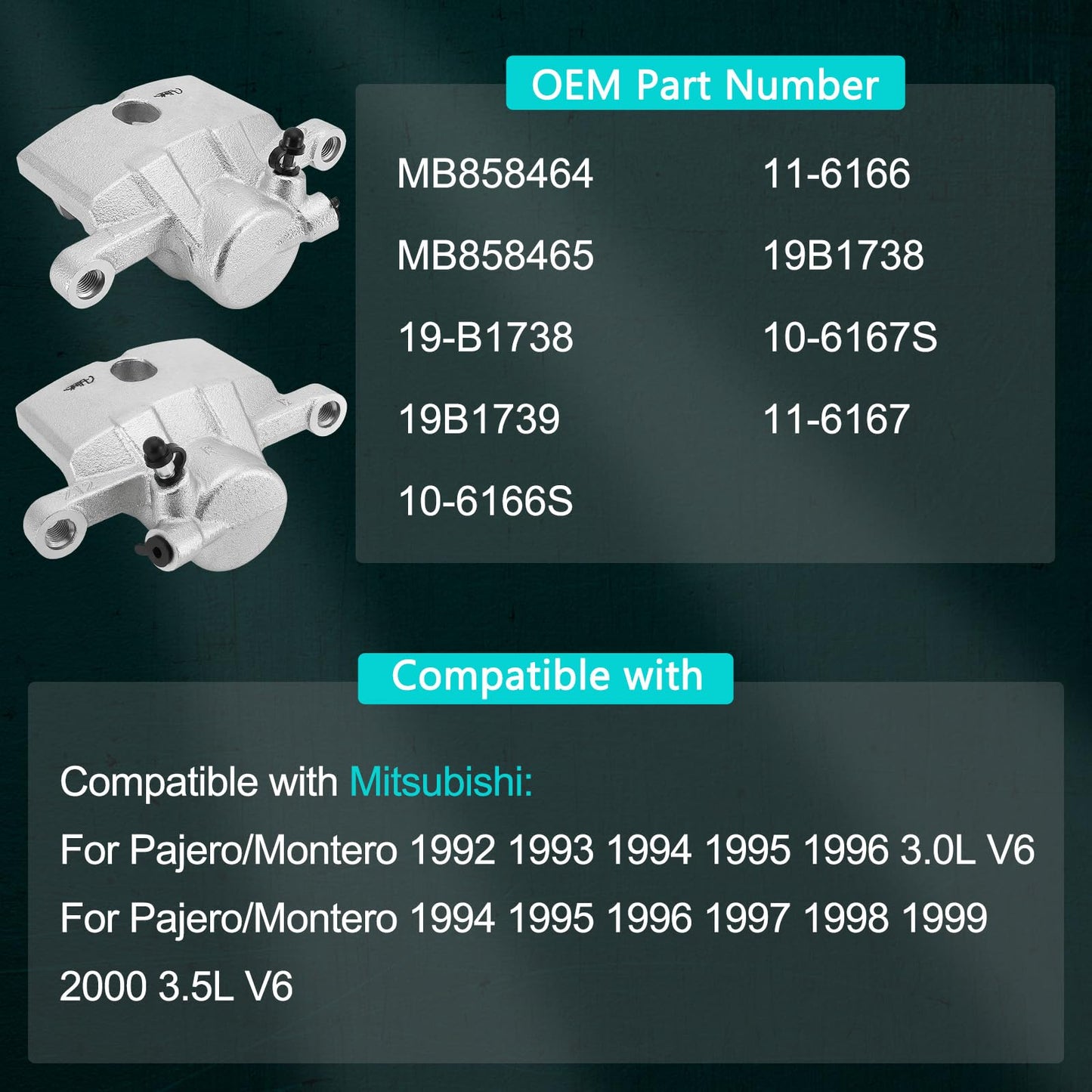 AULINK MB858464 MB858465 2 PCS Rear Left Right Disc Brake Caliper Assembly Set Without Bracket (3.0L 3.5L) For Mitsubishi Montero 1992-2000 19-B1738 19B1739 Rear Driver and Passenger Side