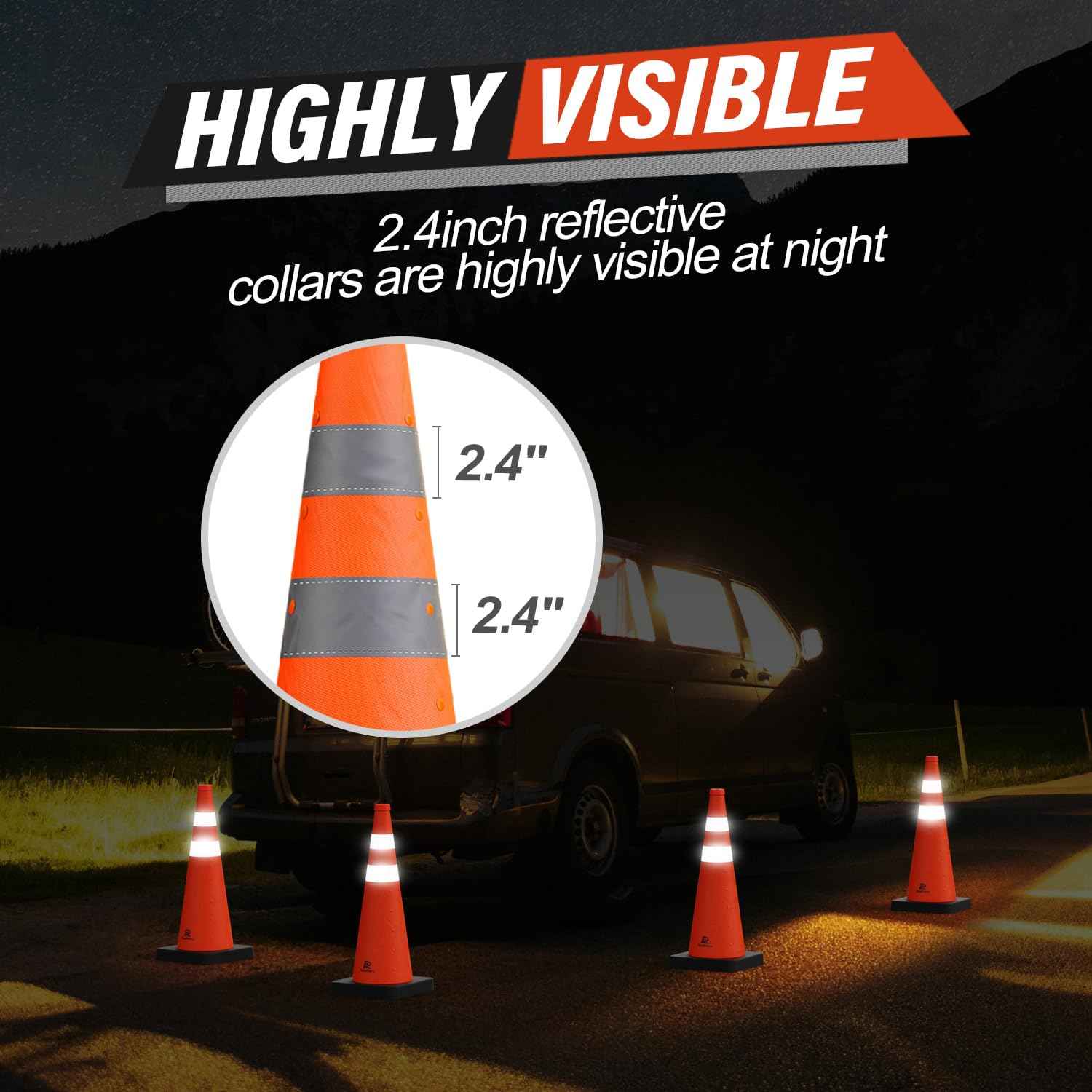 28 Inch Collapsible Traffic Safety Cones - Weighted Base & Reflective Collars, 4 Pack