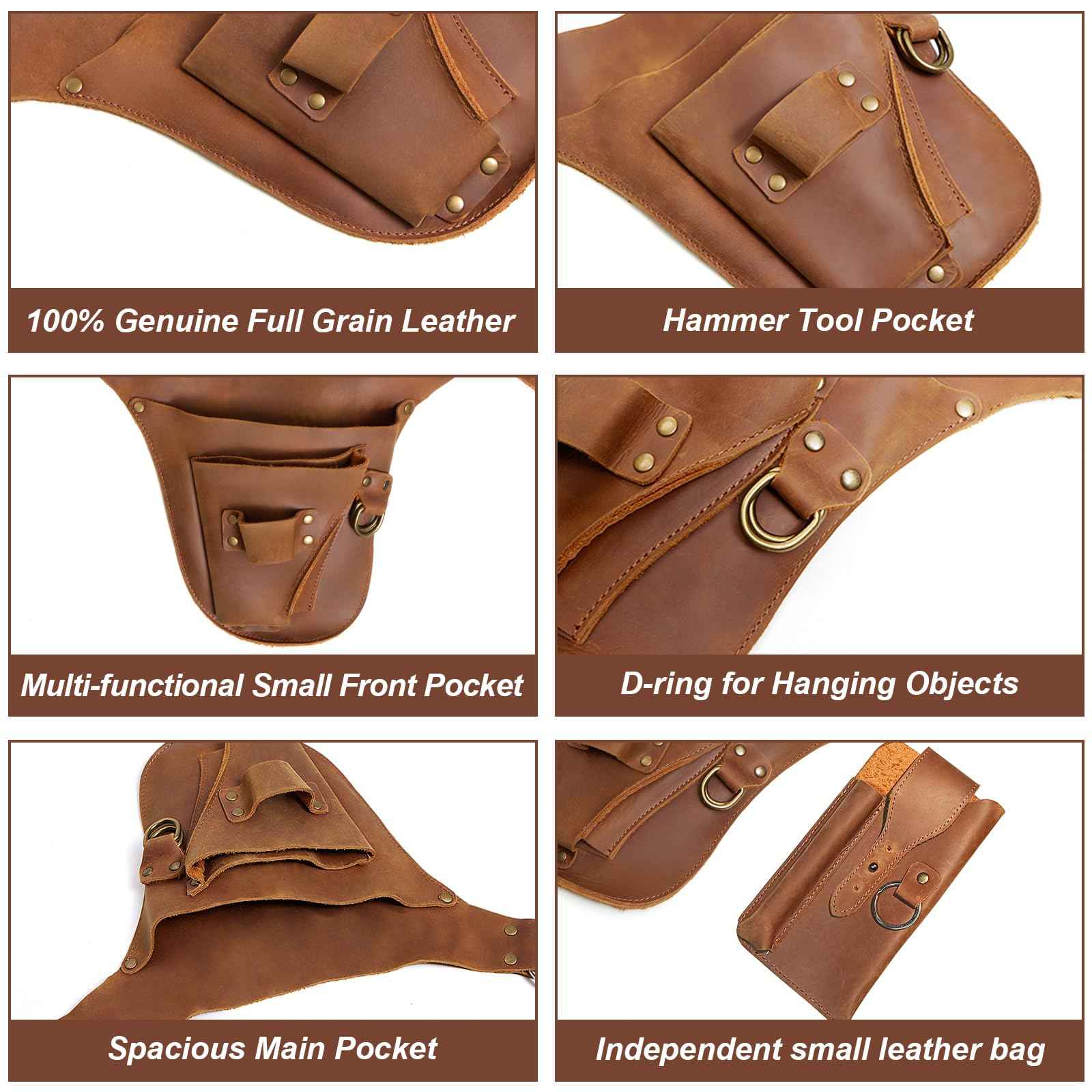 VGJ Leather Garden Tool Belt- Small Tool Belt-Tool Belts For Men,Gardener Gifts-Womens Tool Belt Bag,Florist Tool Belt Holster,Gardening Tool Belt,Electrician Carpenter Organizer, Natural Brown