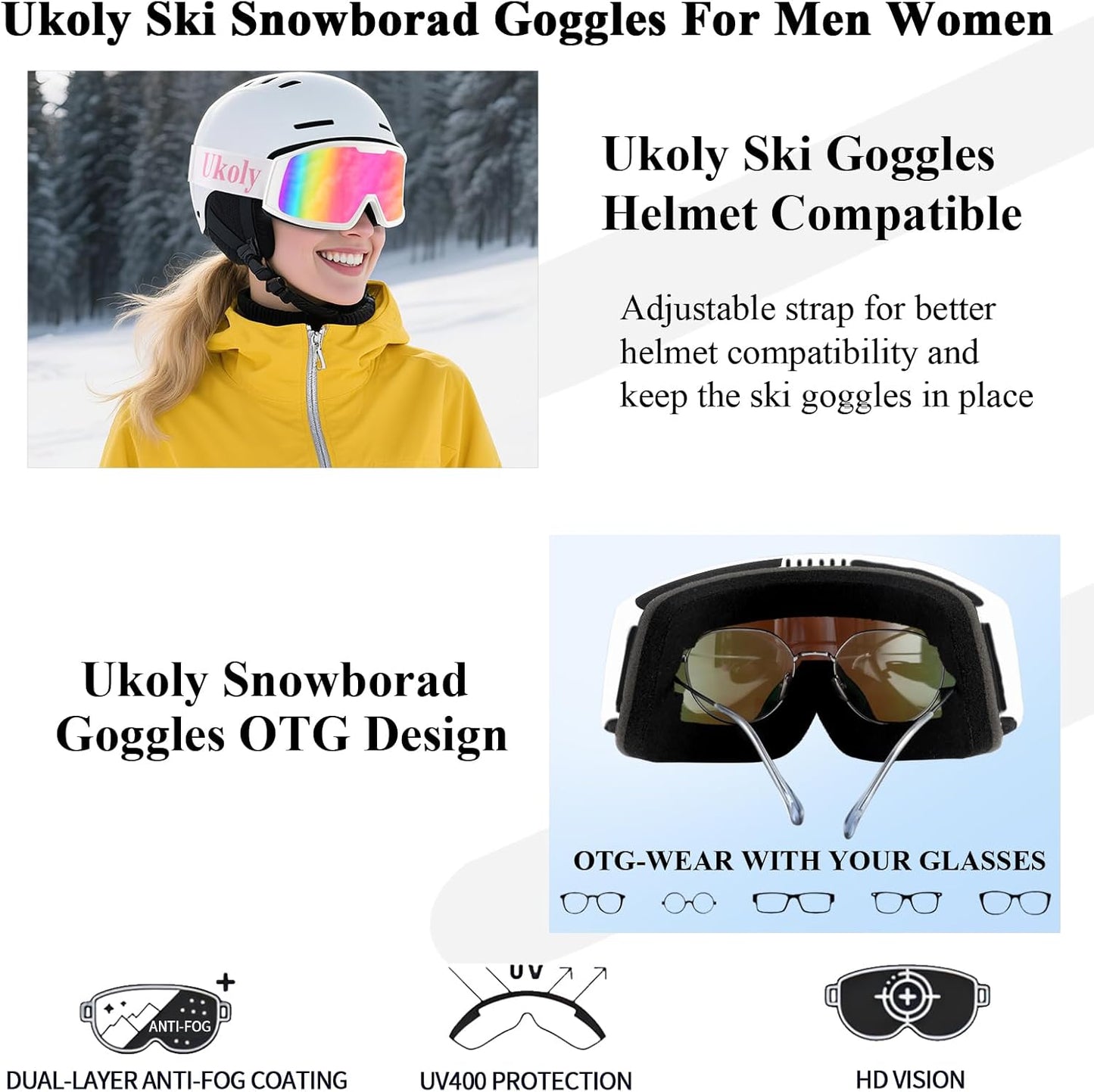 Ukoly Ski/Snowboard Goggles - HD Anti-Fog Lens, UV400 Protection, OTG Design for Men & Women
