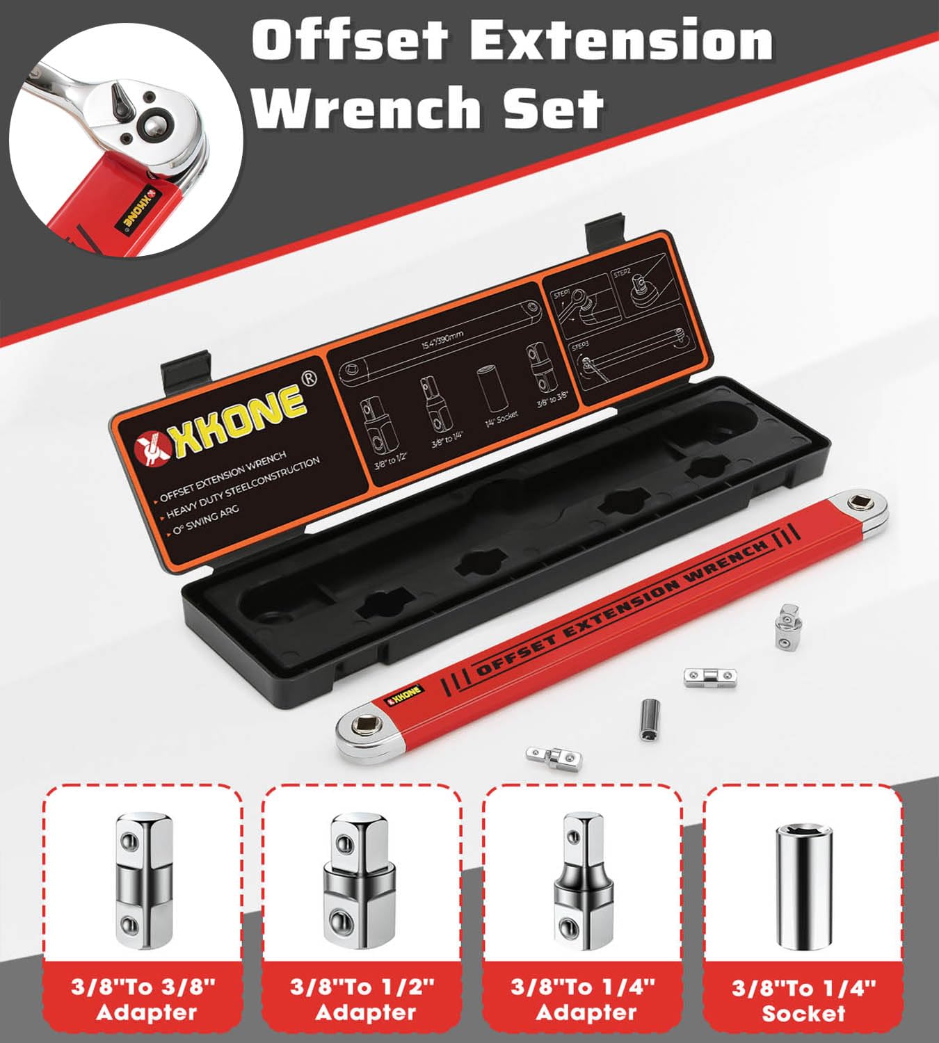 XKONE Offset Extension Wrench Set,15.4" Wrench with 1/4",3/8",1/2" Square Drive Adapters and 1/4" Socket forTight Spaces.