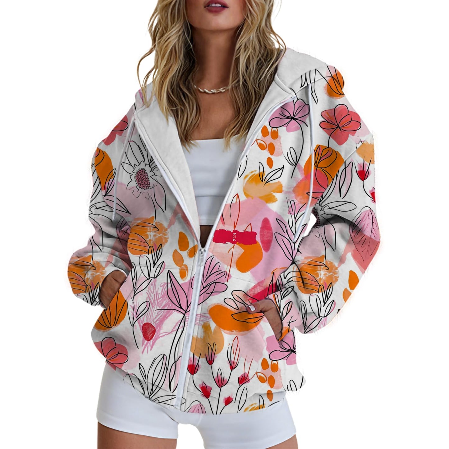 domirica Women's Hoodies with Pockets Y2K Floral Printed Zip Up Long Sleeve Drawstring Hooded Sweatshirts Business Workout Casual Comfy Novelty Lightweight Thin Spring Clothes Womens,XL
