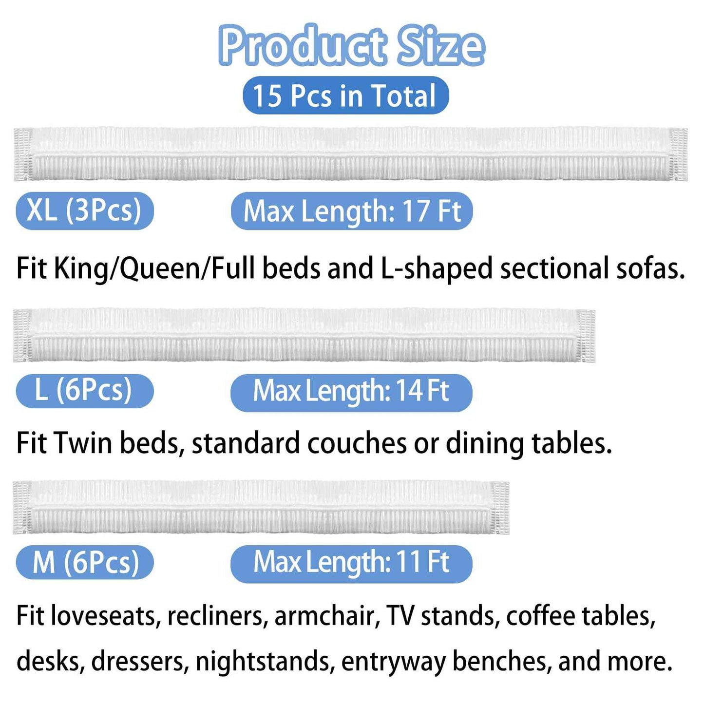 15 Pcs Disposable Furniture Dust Covers with Elastic, Plastic Dust Cover for Sofa Chair Dining Table TV Stand, Extra Large Clear Couch Bed Protector Covers for Moving and Storage, 3 Sizes (3XL 6L 6M)