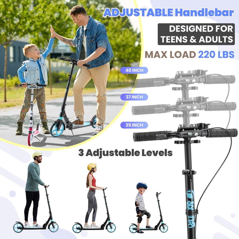 Scooter for Ages 8+ Teens and Adults Kick Scooter Foldable with Double Braking System Bells Adjustable Handlebars Kickstand Max Load 220 LBS 8" Big Wheels (Black)