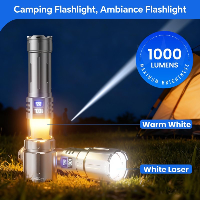 Yemao EDC Flashlight Rechargeable with Camping Lamp,Zoomable Tactical Flashlight with 8 Modes,5000mAh LED Bright Flashlights Portable Flashlighst for Home,Camping,Travel,Emergency