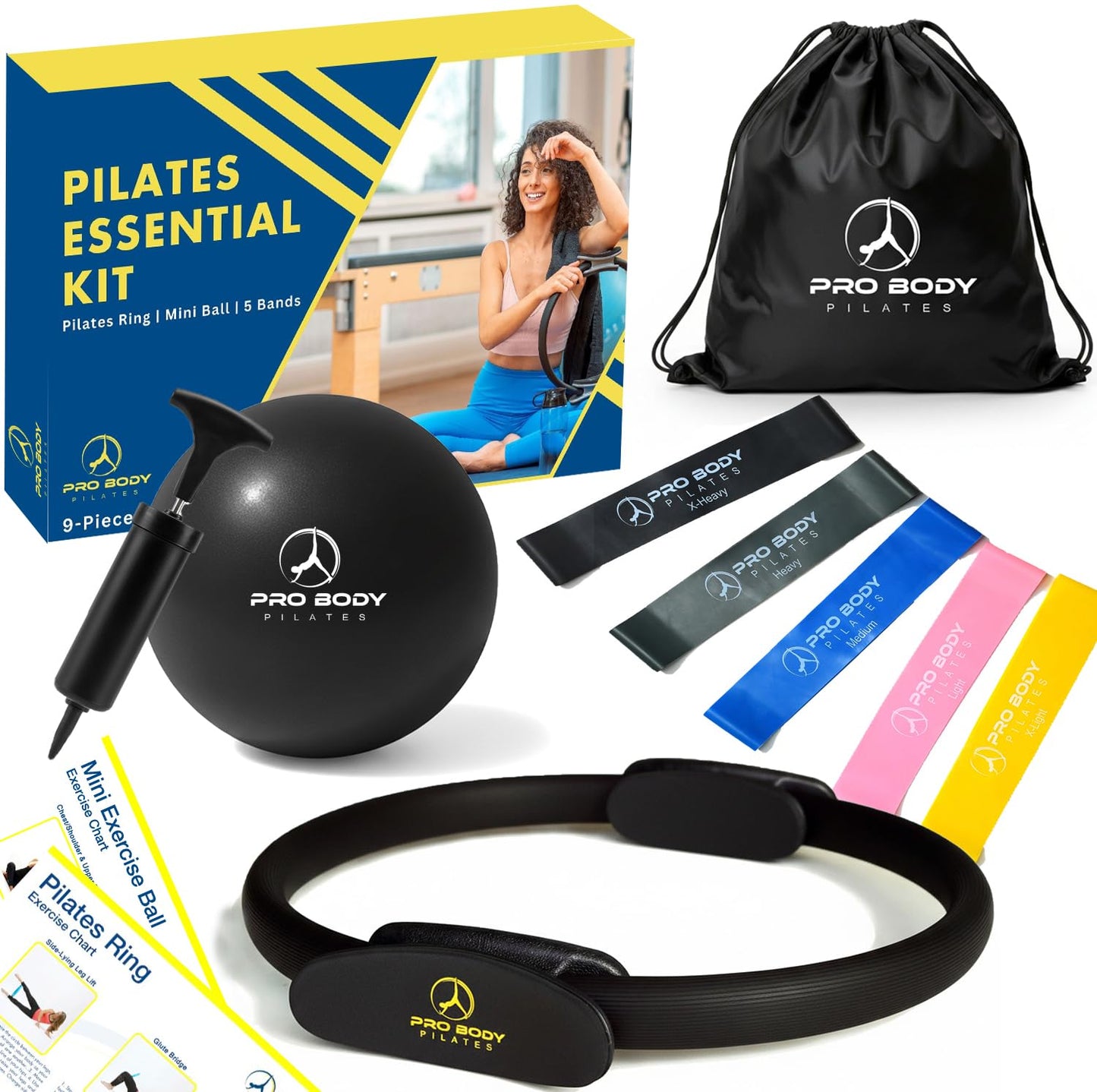 ProBody Pilates Kit — 14 Inch Magic Circle Pilates Ring, 9 Inch Exercise Ball, 5 Resistance Bands & Pump for At-Home Core, Glutes & Inner Thighs | Pilates Equipment for Home Workouts (Black)