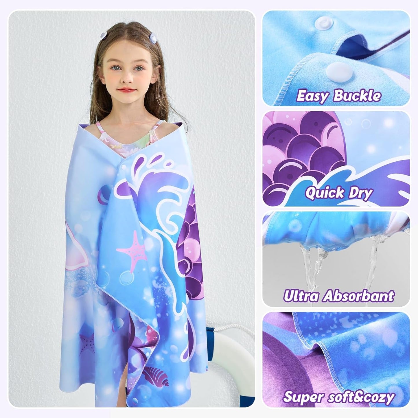 WERNNSAI Mermaid Kids Beach Towel - Double-Sided, Quick Dry, Ultra Absorbent | 30” x 60” Super Soft Swim Towel