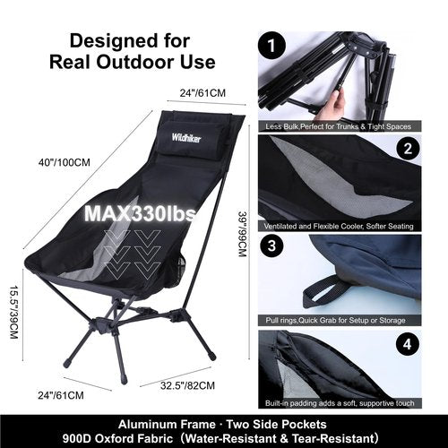 Wildhiker Portable Compact Folding Camping Chairs – Lightweight High Back with Pillow, Deep Recline, ArmPads, Side Pockets-for Motorcycle, RV, Backpacking, Travel, Festival – Black