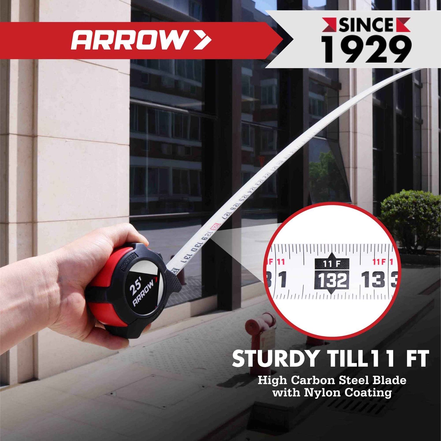 Arrow 25FT Tape Measure, Easy Read Measuring Tape with Dual Locking System, Double Sided Measurement Tape with 1.25″ Blade, Belt Clip, Dual-End Metal Hook, and Rubber Protective Casing