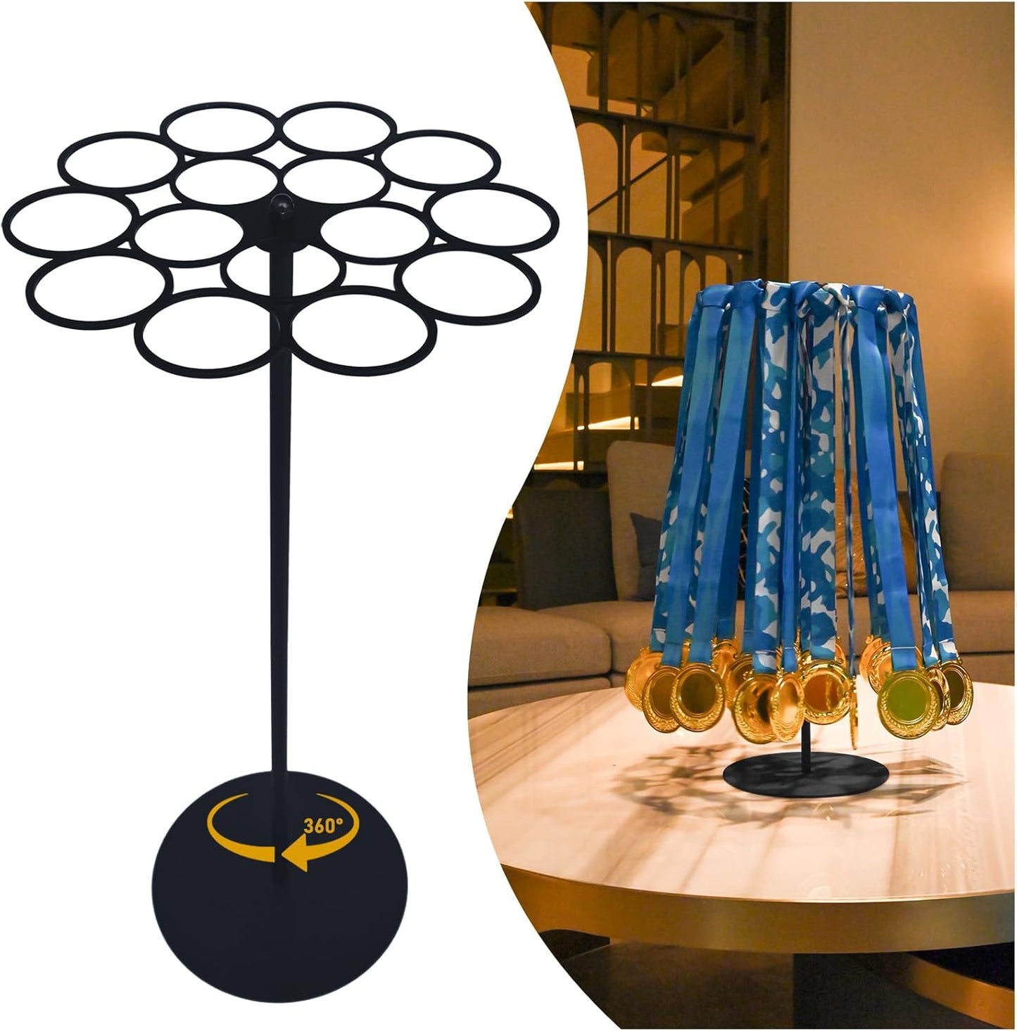 Medal Hanger Display - Rotating Wall-Safe Tabletop Stand for 45+ Race Medals | Heavy-Duty Metal Base