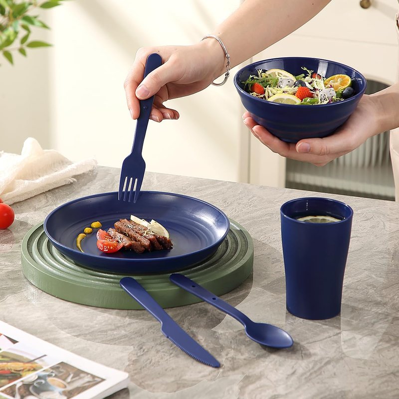 ReaNea Camping Mess Kit for 2 with Bowl, Plate, Cup, Spoon, Fork, Knife and Carry Bag, Plastic Camping Accessories Essentials Gear for Couple Travel, Picnic, Outdoor, Easy to Carry