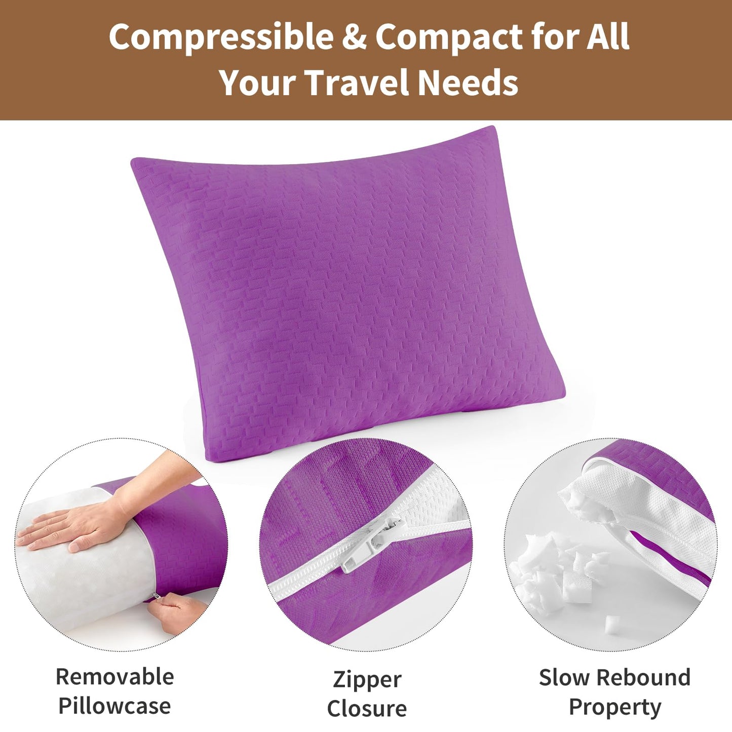 PEUJEW Small Shredded Memory Foam Pillow, Camping Pillow Travel Pillow - Compressible Medium Firm, Breathable Cover, Ideal Backpacking Hiking, Airplane and Car (Purple, S)