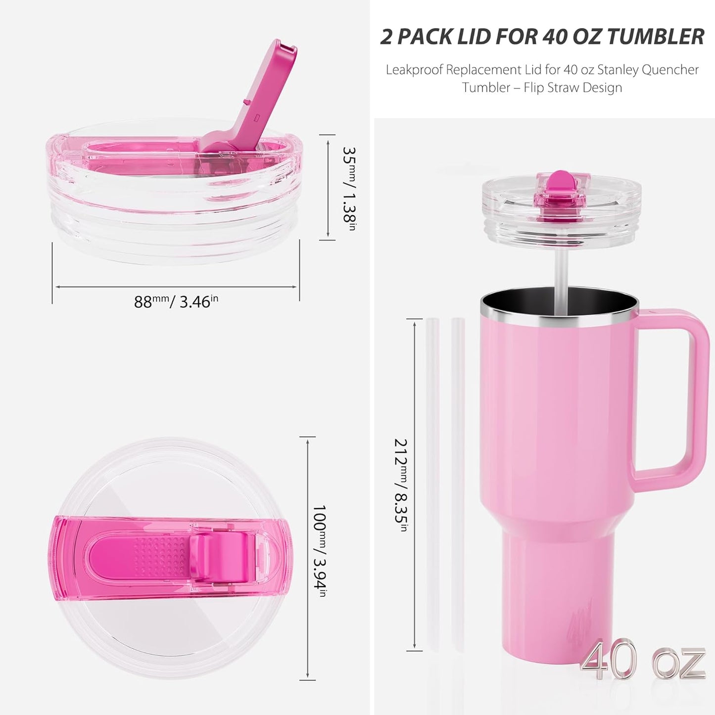 STANLEY 40 oz Flip Straw Lid - Leakproof No Spill Design for Quencher ProTour & H2.0 Tumblers | Passion Pink
