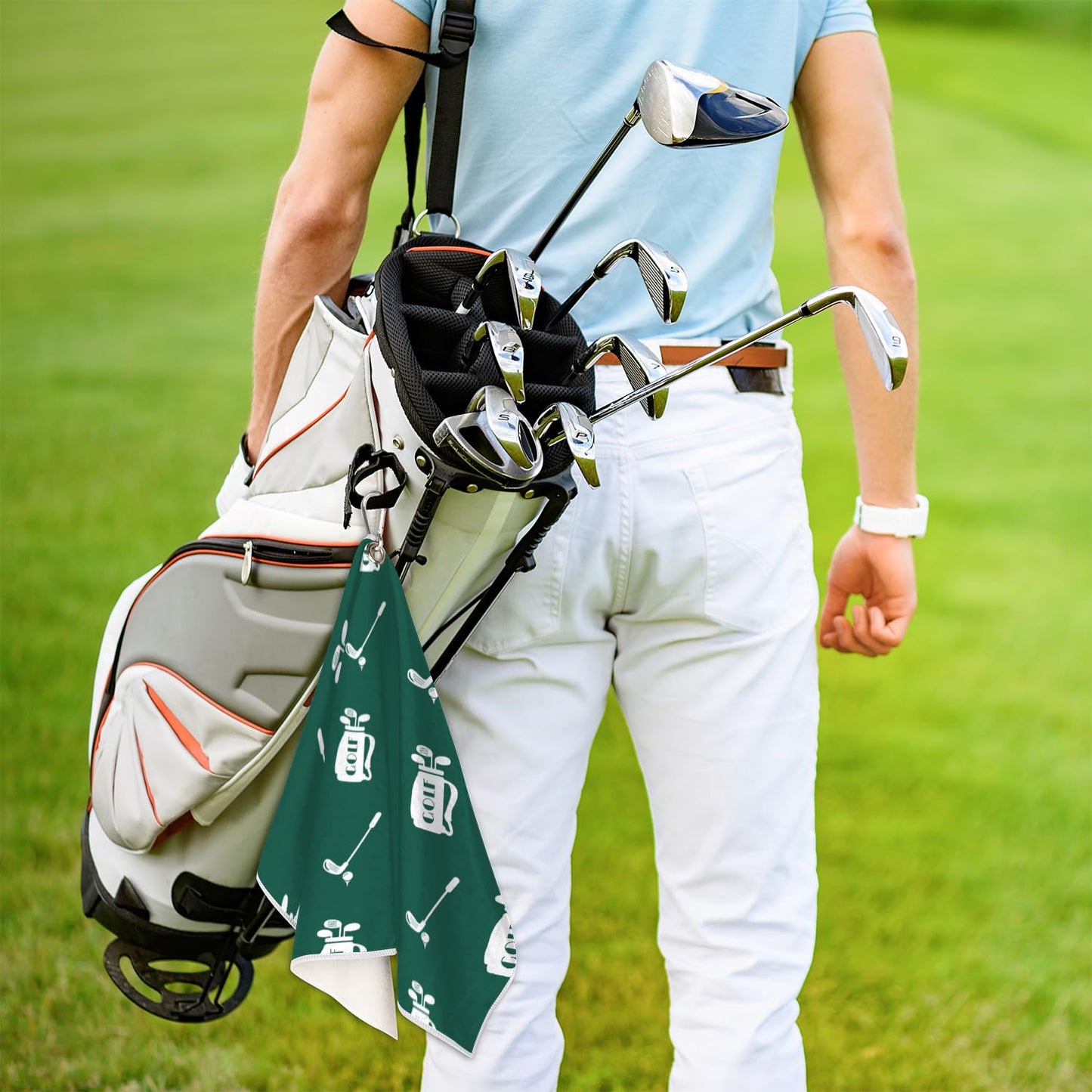Lakiniss Green Golf Theme Golf Towel 24x15 inch Ultra-fine Fiber Absorbent Quick Drying Belt with Heavy-Duty Climbing Buckle, Portable and Durable Cleaning Club/Golf Club for Both Men and Women