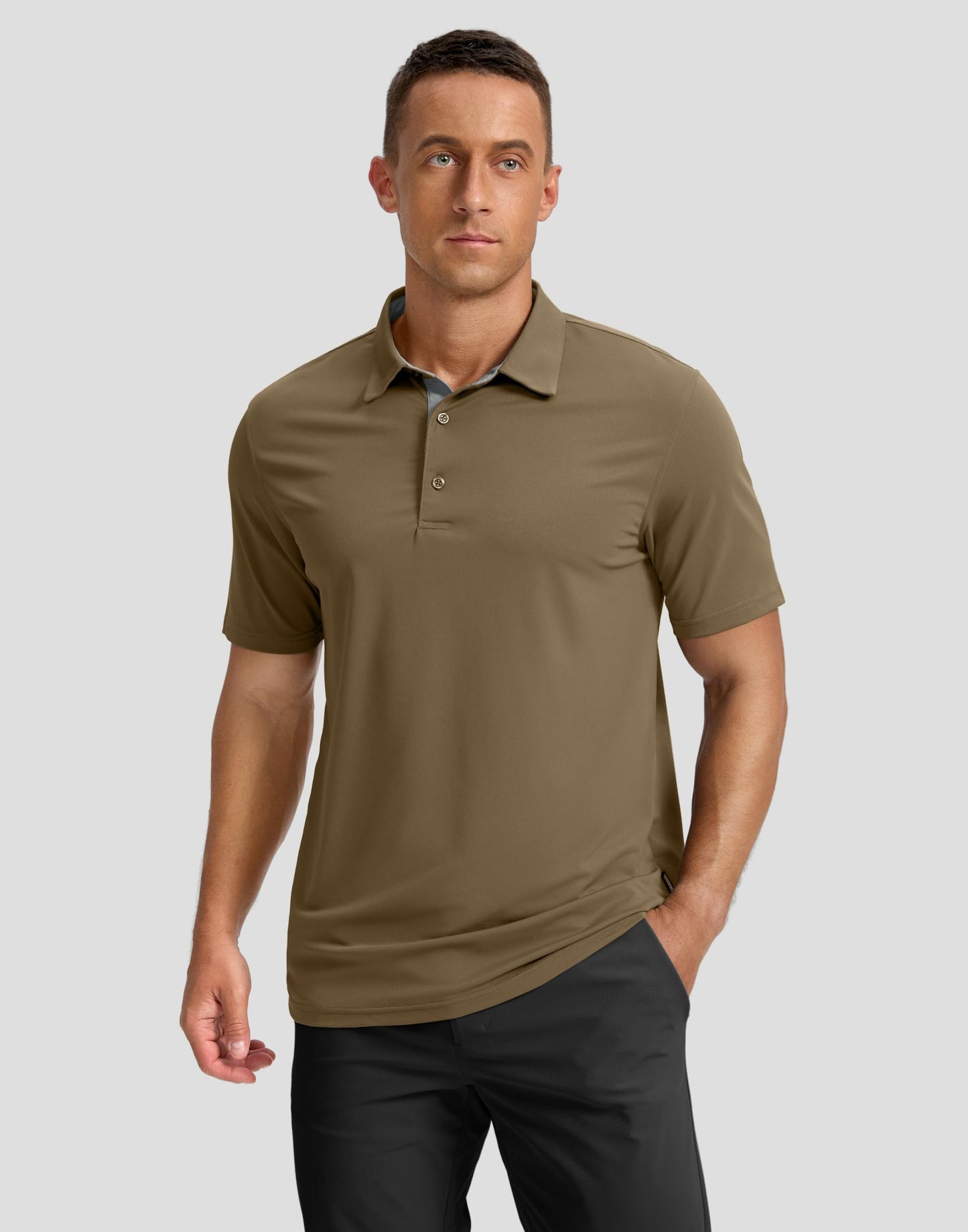 Men's Golf Shirts Dry Fit Moisture Wicking Performance Short Sleeve Collared Polo Shirts for Casual Athletic Business (Khaki, L)