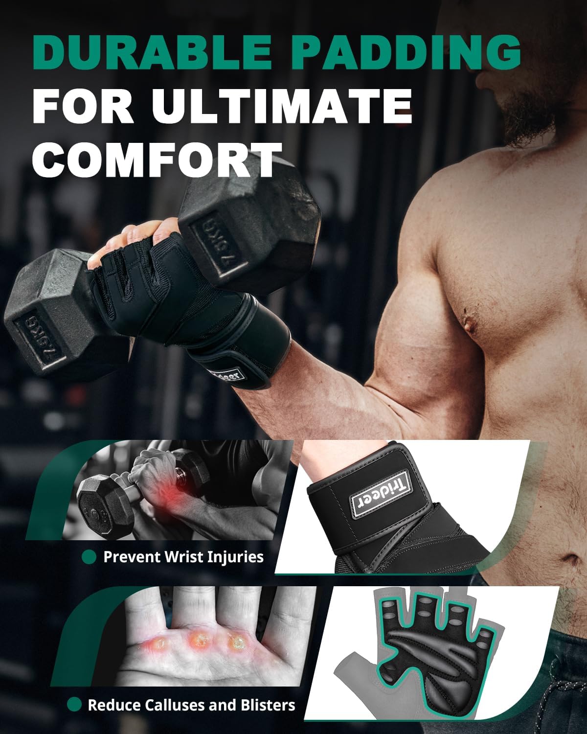 Trideer Weight Lifting Gloves - Full Palm Protection & Wrist Wrap Support for Men | Ideal for Cross Training & Fitness
