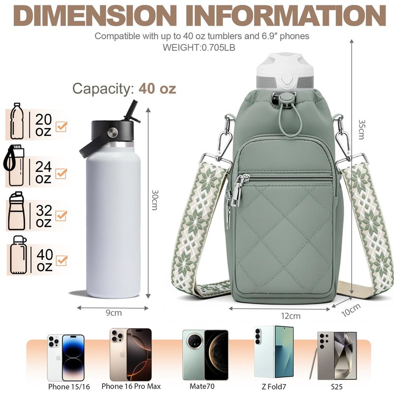 SYTRAH Water Bottle Carrier Bag with Strap, Water Bottle Purse with Phone Pocket 40oz, Insulated Crossbody Bags for Walking Hiking Antique Green