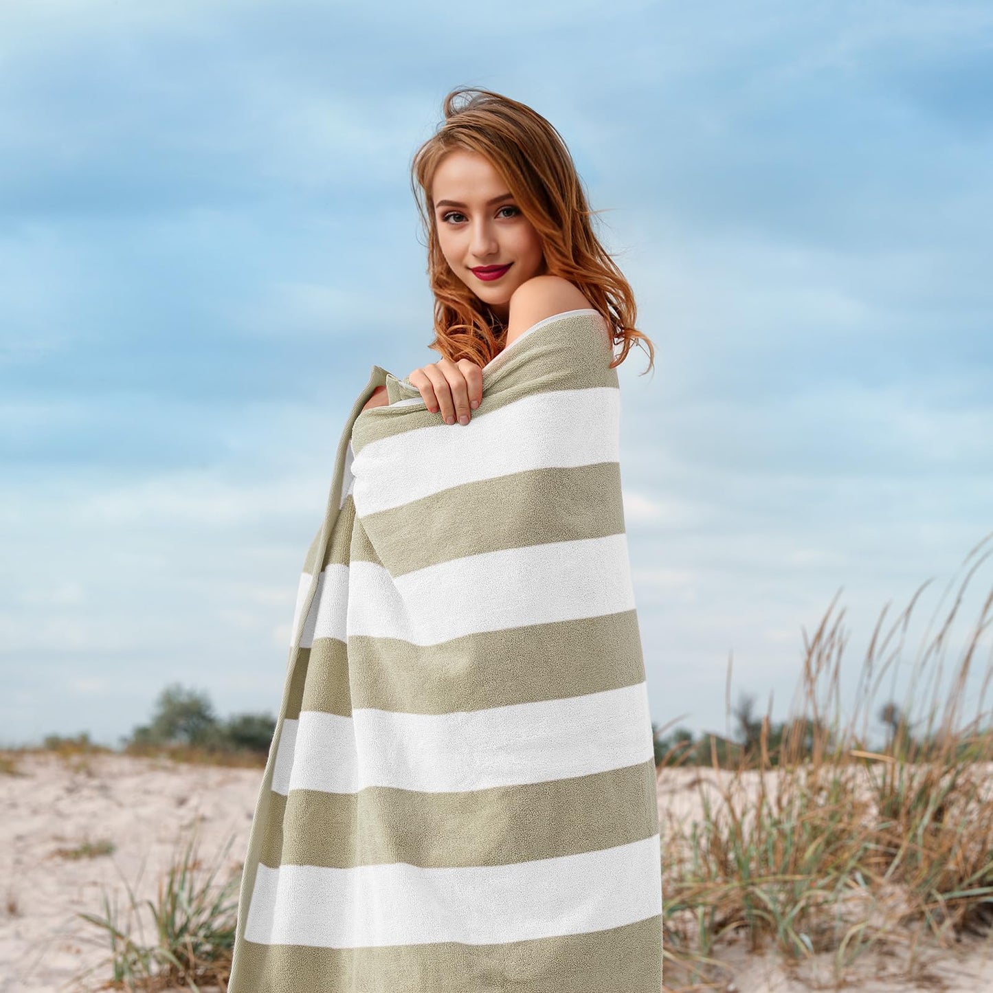 WEDPLAN Cotton Oversized Beach Towel - 40 x70 Inch Extra Large Striped Pool Towel, Big Soft Terry Cloth Beige Cabana Swim Towel