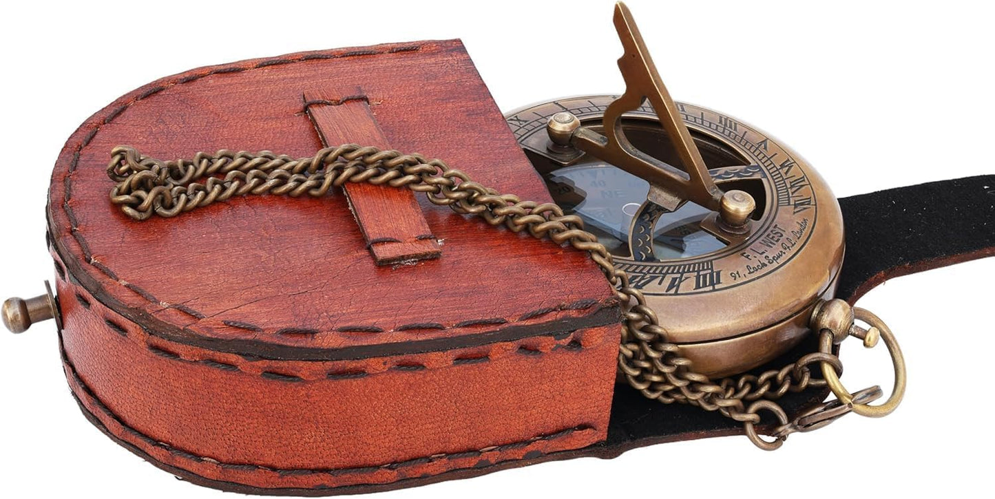 Sundial Clock Engraved Brass Pocket Portable Compass Gifts for Men, Him, Son, Husband, Grandson, Boys | Engravable Antique Gift Compasses for Graduation, Baptism,