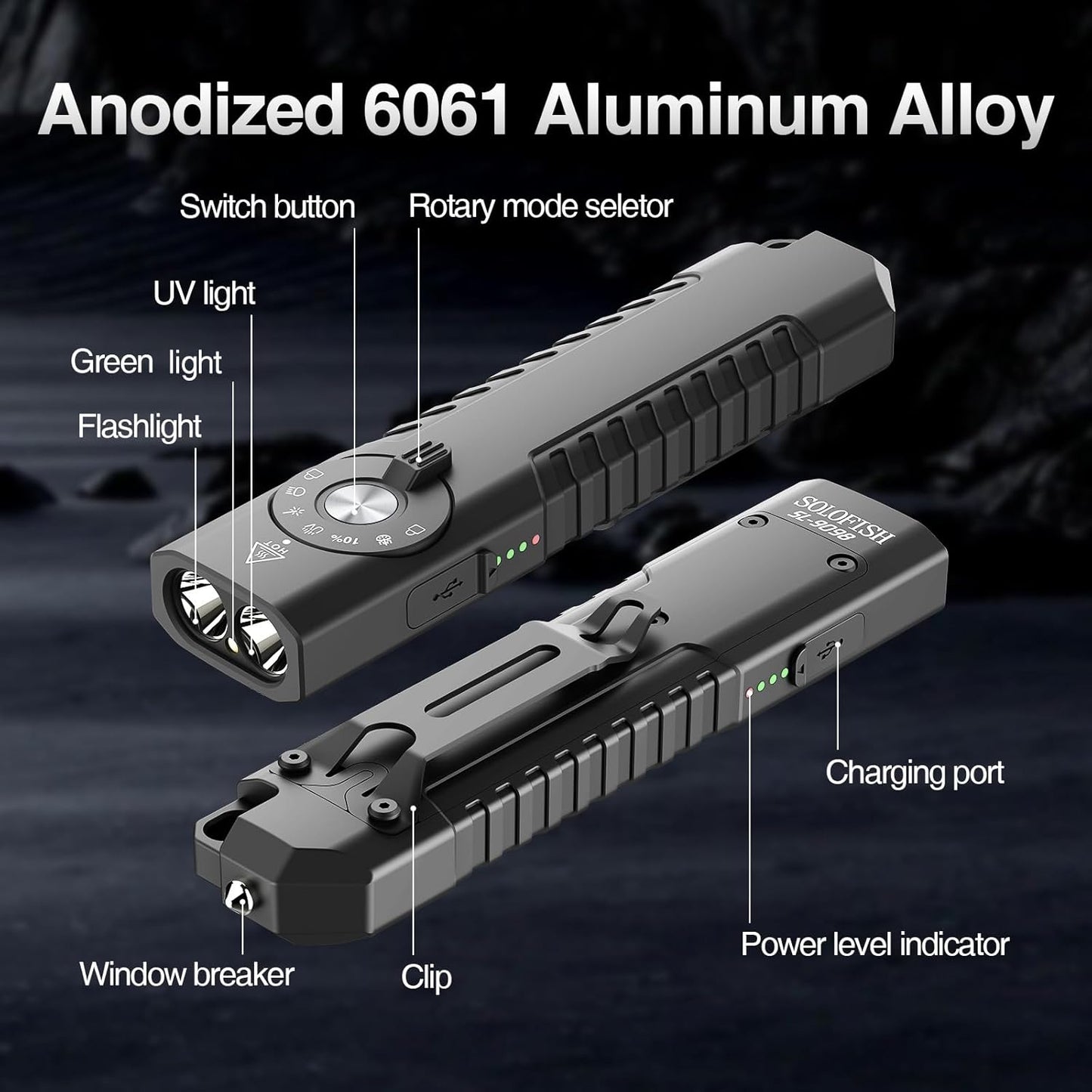 Solofish 1400-Lumen EDC Flashlight - 5-in-1 Portable Light with UV, Green & White LED, Rechargeable