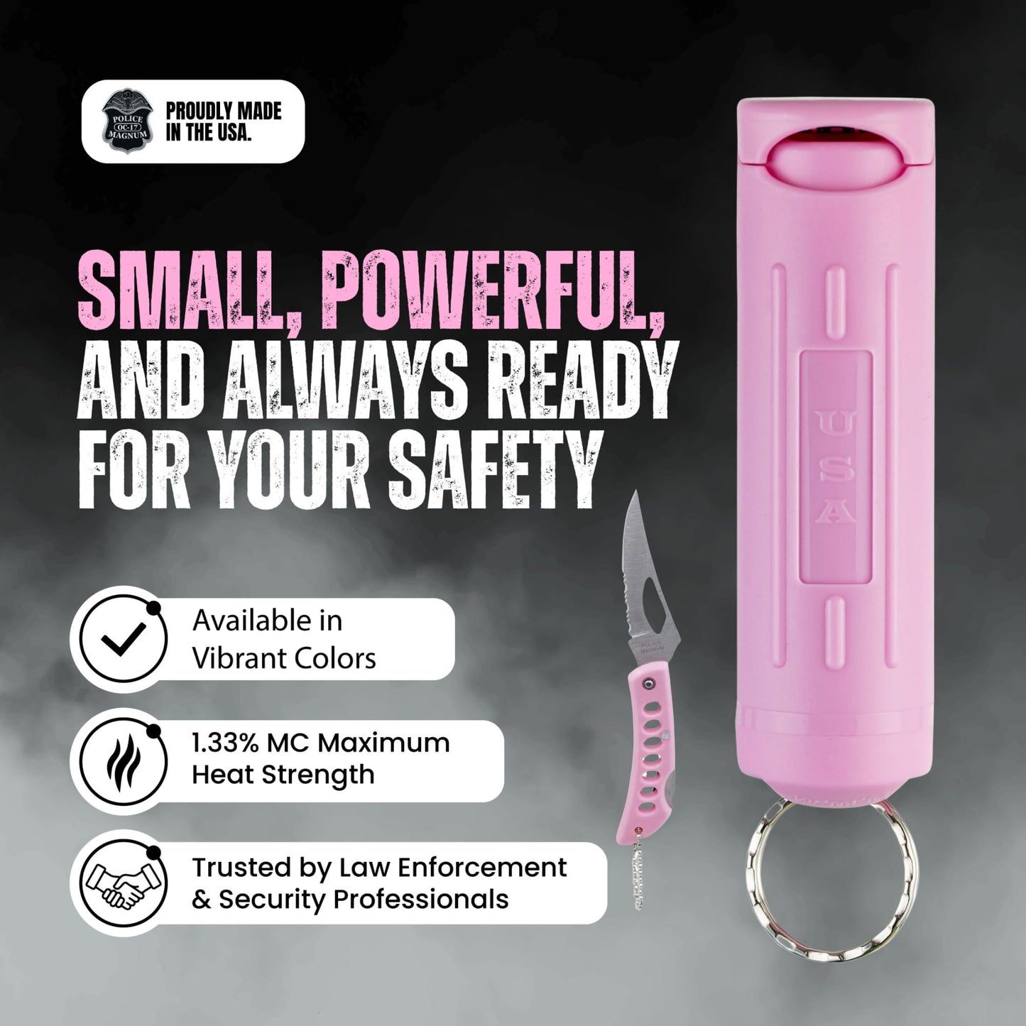Police Magnum Keychain Pepper Spray Combo Safety Kit- Maximum Heat Strength OC with Pink Pocket Knife Self Defense- Made in The USA- 1 Pack Soft Pink FT & PNK KNF