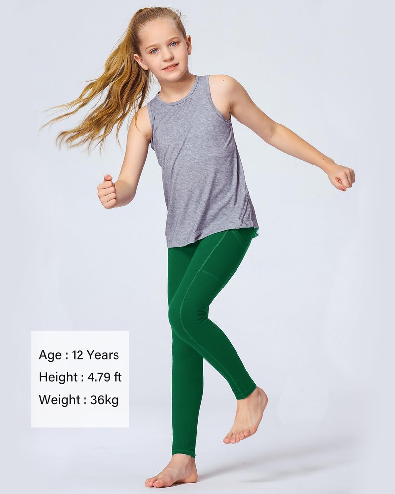 Stelle Girls' Athletic Leggings Kids Dance Running Yoga Pants Workout Active Dance Tights with Pockets (Evergreen, 8-9 Years)